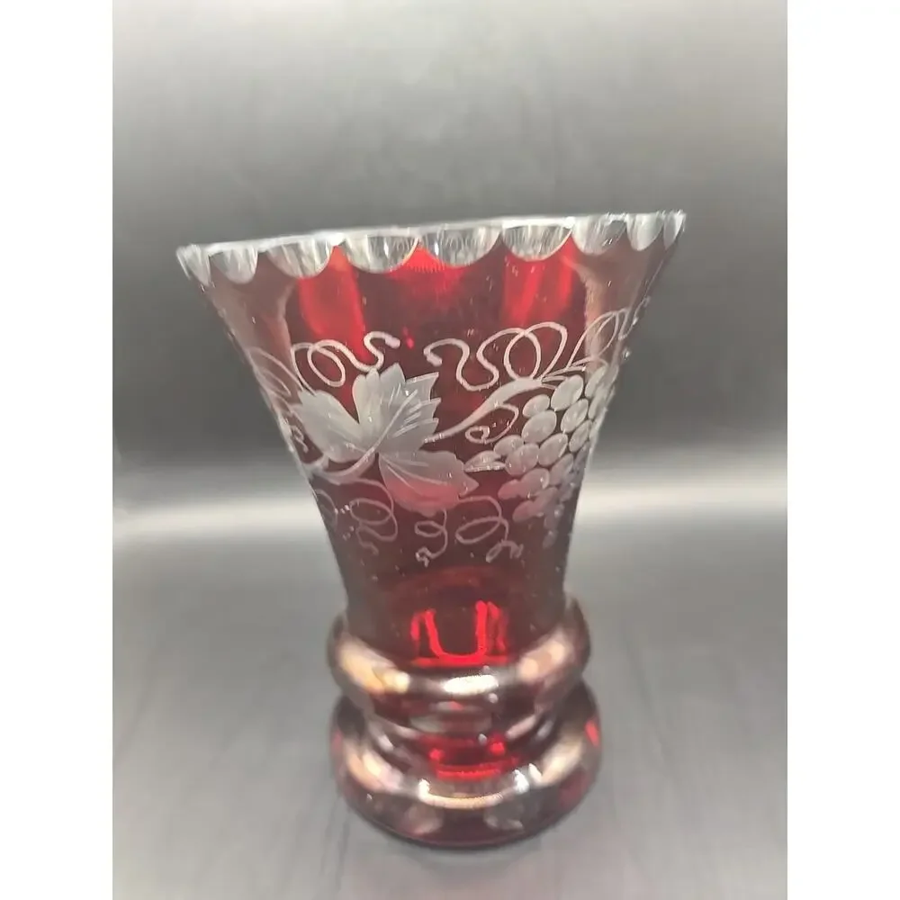 Vintage Egermann Style Ruby Cut To Clear Vase With Grapes and Vines 6
